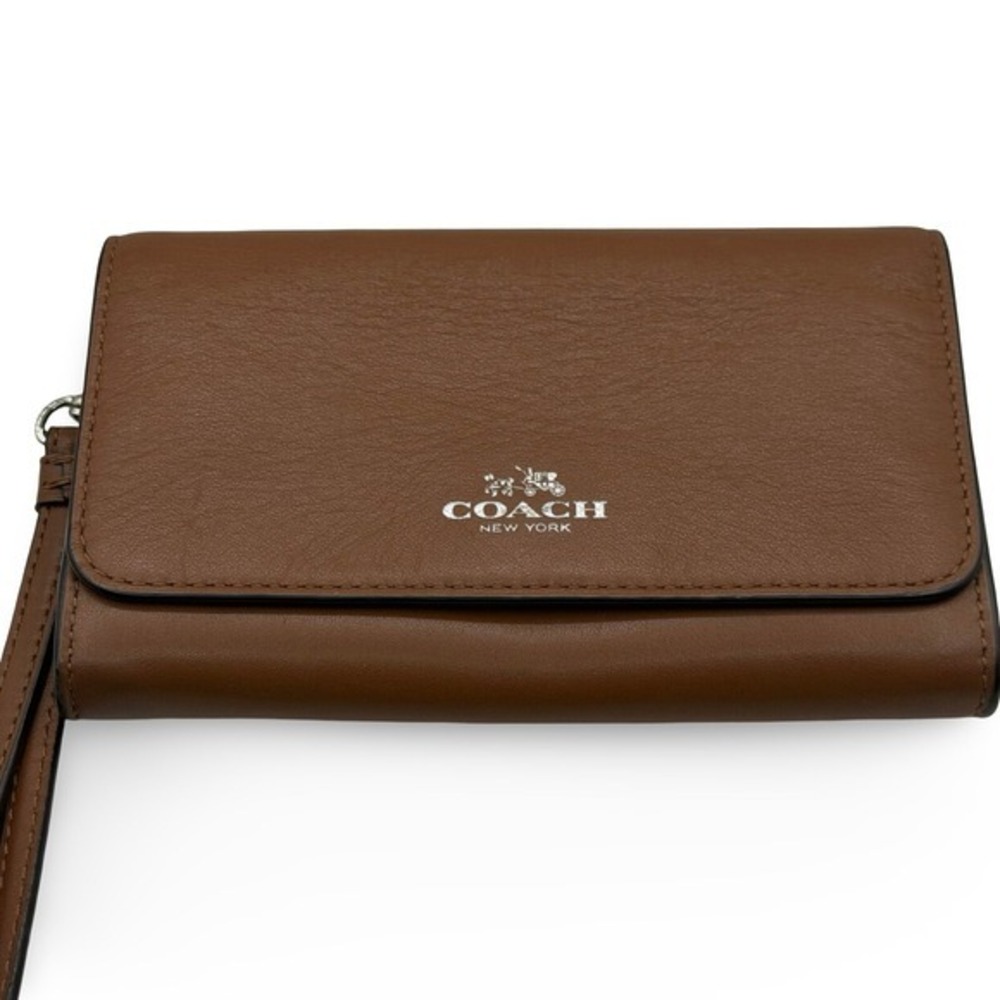 Coach Foldover Phone Wallet Wristlet Saddle Brown Leather Silver Hardware Boxed